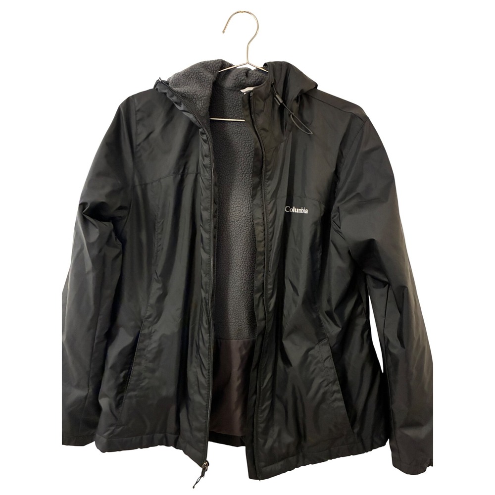 Columbia Womens Sherpa Lined Hooded Jacket Black Full Zip Fleece Coat Medium